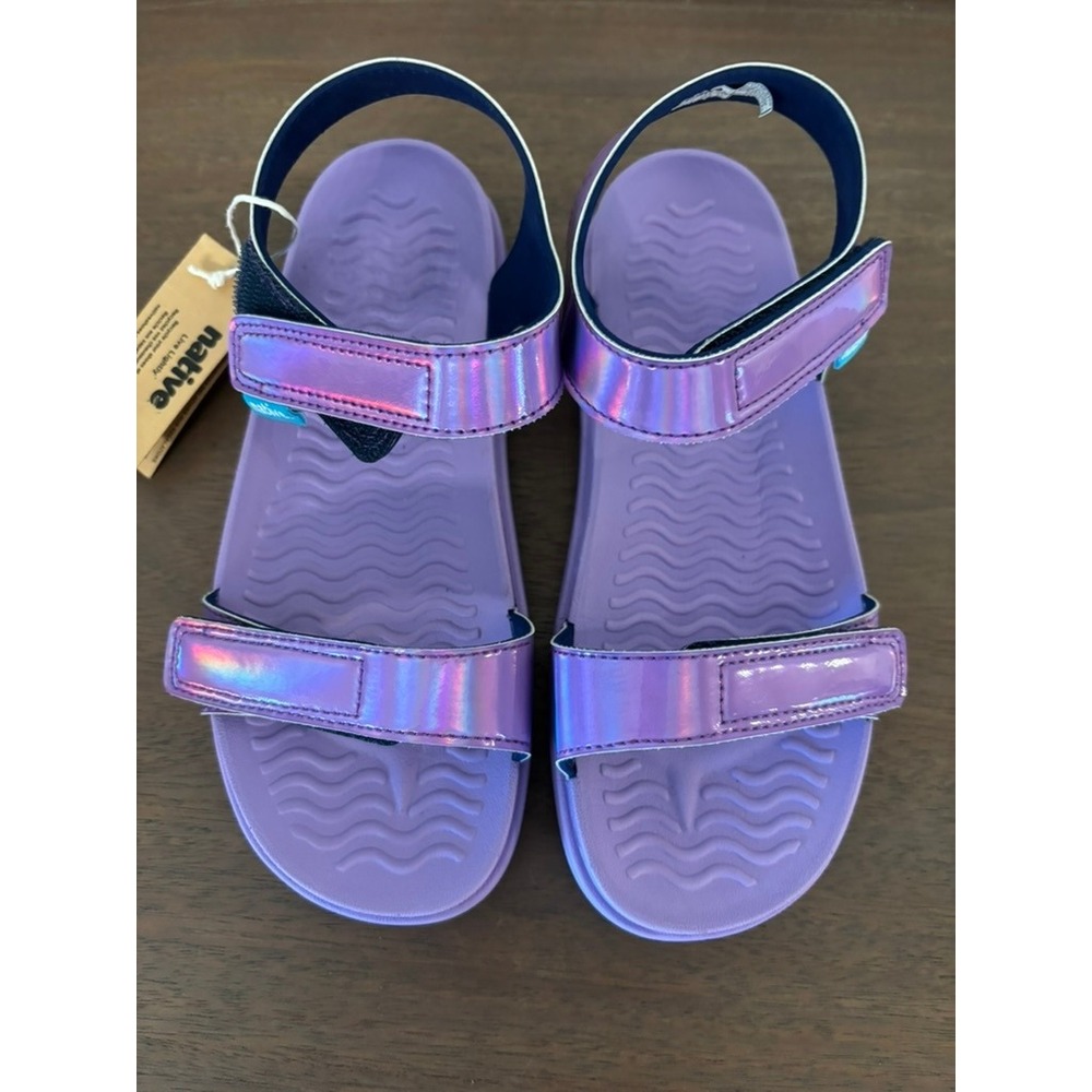 New Native Sandals Girls Sz J2 Charley Sugarlite Purple Haze Hologram Iridescent